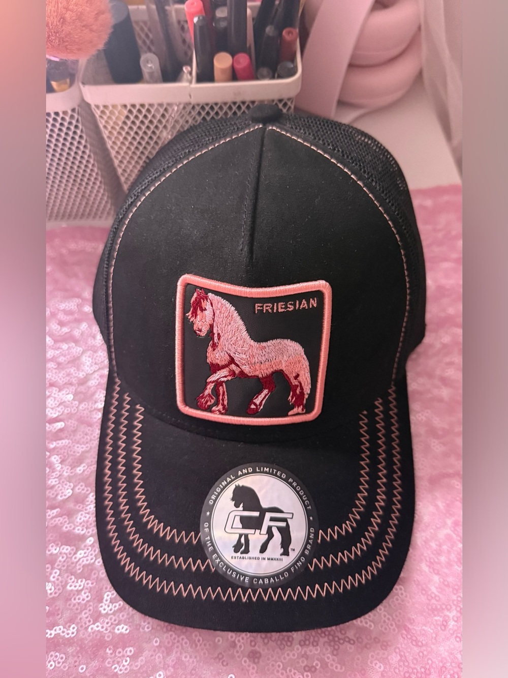 Caballo Fino Friesian Embroidered Horse Patch Cap - Black with Pink Trim